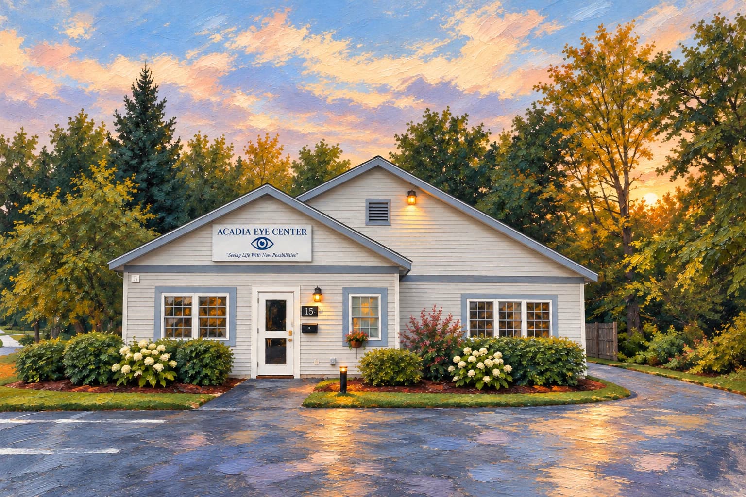 A painterly evening view of the Acadia Eye Center office in Bangor, Maine
